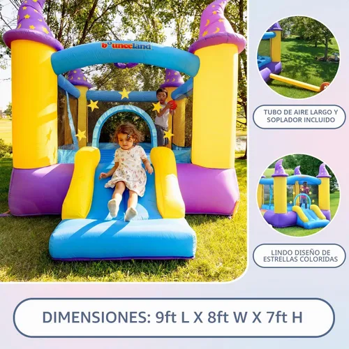 Vista 5 de Casa hinchable de mago Bounceland, área espaciosa de rebote con tobogán divertido, entrada segura con cierre de gancho y bucle, aro de baloncesto
