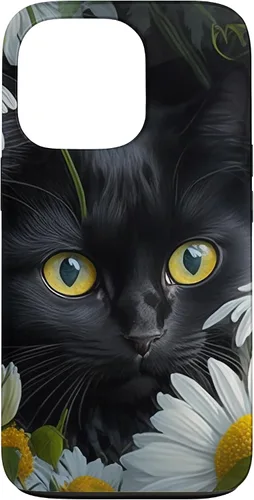 Vista 10 de iPhone 16 Black Cat with Daisies – Enchanting Floral Design Case