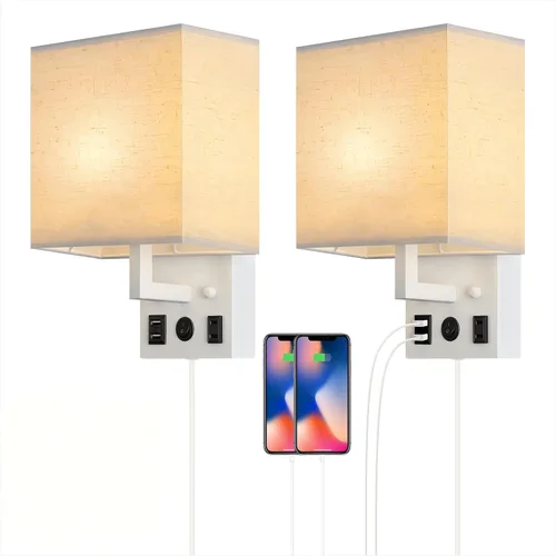Vista 9 de BTY Juego de 2 apliques de pared modernos, lámparas de pared para dormitorio, enchufe con puertos de carga USB, apliques de enchufe de CA