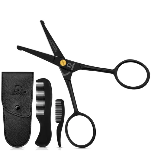 Vista 9 de Tijeras profesionales para bigote de punta roma 4.2 prémium para hombres con pinzas inclinadas, 1 peine para bigote, 1 peine y bolsa para barba