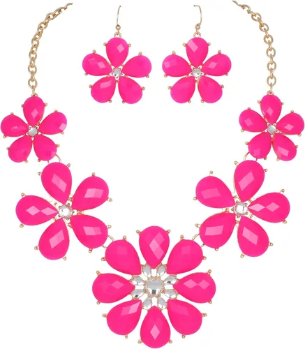 Vista 14 de Firstmeet Collar llamativo de flores brillantes con pendientes Negro