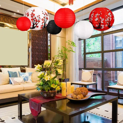 Vista 4 de 13 faroles de papel chinos japoneses con flor de cerezo rojo, farol colgante decorativo Hibachi, decoraciones de fiesta para Año Nuevo chino, hogar