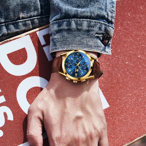 Vista 9 de OLEVS Reloj cronógrafo de cuarzo para hombre correa de cuero dorada con fecha de día reloj de pulsera de acero inoxidable impermeable relojes