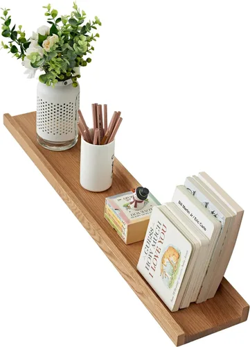Vista 10 de Estantes flotantes de roble – Repisa de madera natural montada en la pared – Repisa de fotos – Estante de almacenamiento de pared para oficina