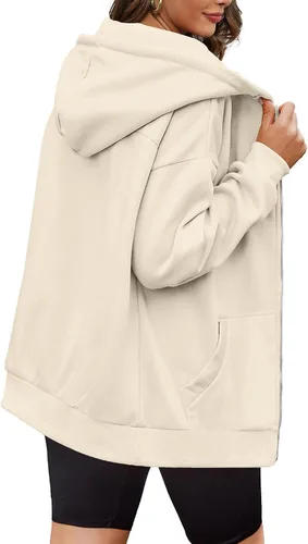 Vista 2 de AGSEEM Sudadera con capucha para mujer, con cremallera, ajuste holgado, manga larga, con bolsillos, otoño