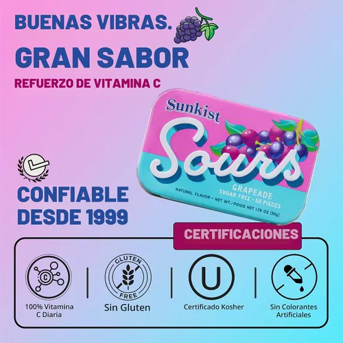 Vista 4 de Sunkist Sours - Caramelos agrios de pomelo sin azúcar, lata de 50