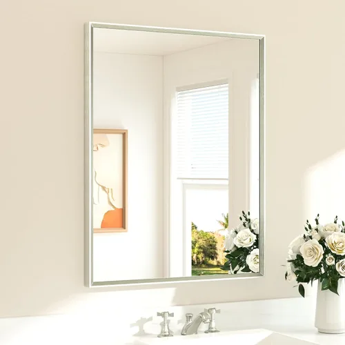 Vista 18 de TETOTE Espejo de baño dorado cepillado de 20" x 30", espejo de tocador de baño rectangular de latón dorado cepillado con marco biselado para sobre