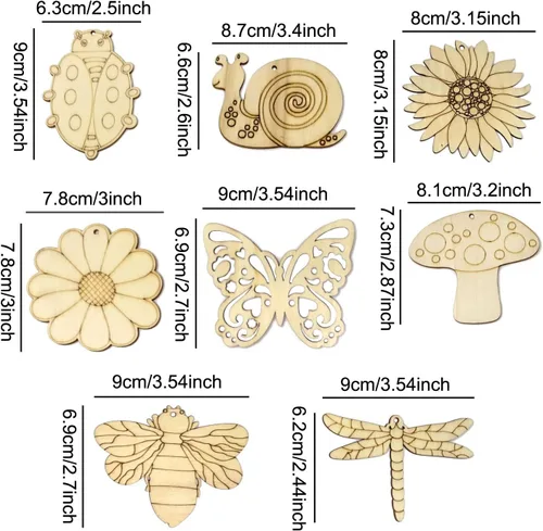 Vista 2 de Honbay 40 piezas de recortes de madera de primavera sin terminar de madera, mariposa, girasol, escarabajo, flor, libélula hongo, abeja, caracol