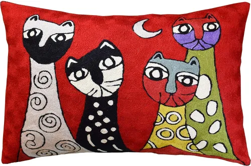 Vista 19 de Funda de almohada lumbar Picasso - Cojín abstracto de gatitos azules - Lana bordada a mano tamaño 14 x 20 Almohada lumbar Blue Cats