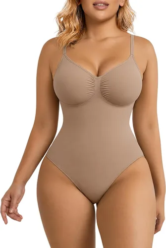 Vista 10 de SHAPERX Body de tanga con control de abdomen para mujer, sin costuras, cintura Tanga beige.