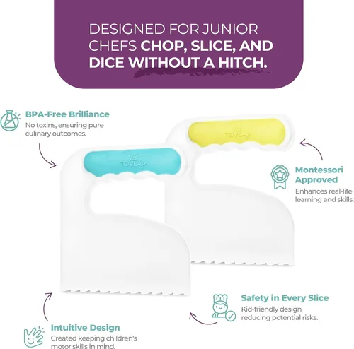 Vista 3 de TOVLA JR. Juego de regalo de corte para niños: 3 cuchillos de cocina seguros para niños, tabla de cortar plegable y 2 picadores aptos para niños.