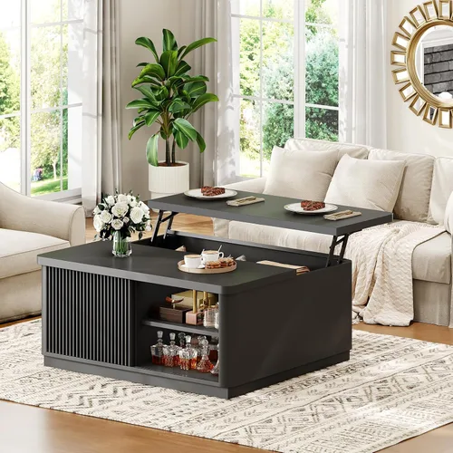 Vista 3 de Itaar Mesa auxiliar elevable de 39.4 pulgadas con almacenamiento, mesas de centro estriadas para sala de estar, mesa de centro cuadrada con gran