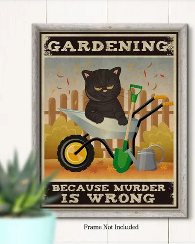 Vista 2 de Gardening Because Murder Is Wrong Room Decor - Retro Wall Decor for Kitchen Bakery Bathroom Bedroom - Funny Wall Art Gift for Women Men Cat Lovers