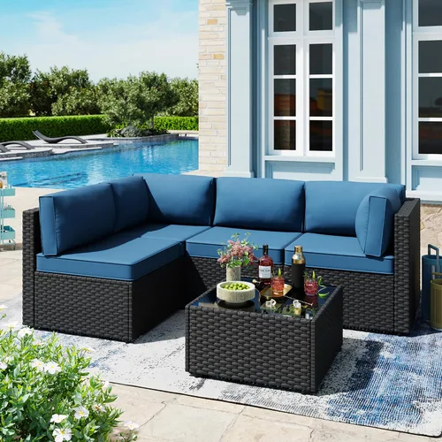 Vista 2 de SUNLEI - Juego de 5 muebles de patio para exteriores, respaldo bajo, sofá modular de ratán para todo tipo de clima con mesa de té y cojines de sofá