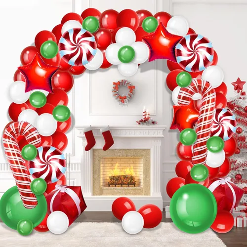 Vista 4 de Kit de arco de guirnalda de globos de Navidad con globos de caramelo verde, rojo y blanco, caja de regalo, globos de estrella roja para decoraciones
