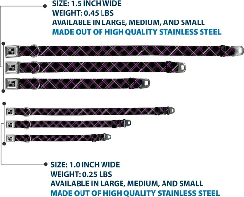 Vista 3 de Buckle-Down Collar de perro con hebilla para cinturón de seguridad, a cuadros, negro, morado, gris, 1 pulgada de ancho, se adapta a cuello de 9 a 15