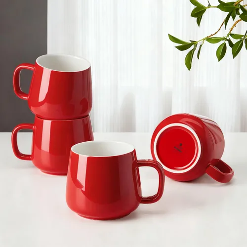 Vista 6 de Teocera Juego de 4 tazas de café de cerámica de 12 oz con asas grandes para bebidas calientes o frías como café con leche, cacao, té o jugo Beige