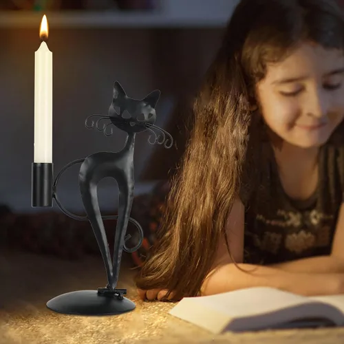 Vista 5 de Candelabro cónico de gato negro para velas LED sin llama, candelabro retro rústico de metal para decoración de gato para centro de mesa, mesa
