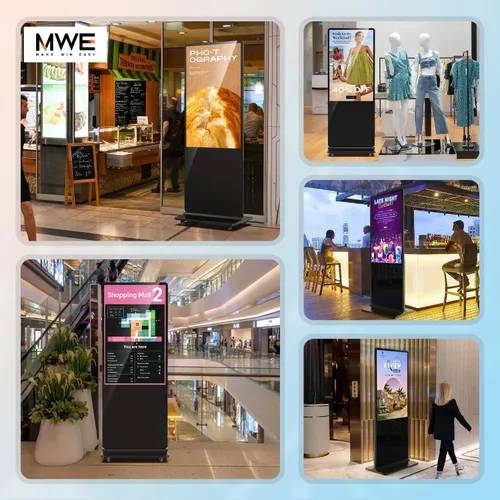 Vista 2 de MWE 32 pulgadas piso interior de pie señalización digital, sistema CMS, quiosco de exhibición de publicidad, pantalla LCD tótem comercial póster