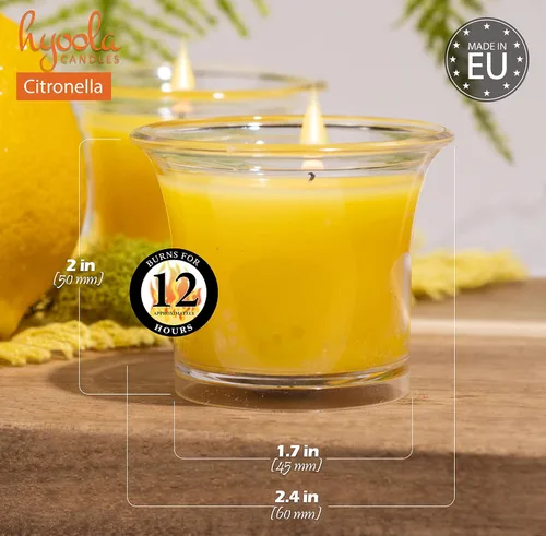 Vista 3 de HYOOLA Clear Cup Velas votivas perfumadas – Citronela – 12 horas de tiempo de combustión – Paquete de 4 – Fabricado en Europa Amarillo Citronela