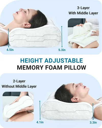 Vista 2 de Elviros Almohadas de espuma viscoelástica para aliviar el dolor de cuello, almohada ortopédica ergonómica de altura ajustable