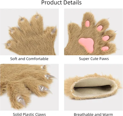 Vista 4 de HAOAN Gato de pelo peludo, lobo, zorro, perro, esponjoso, patas, garras, guantes, manoplas, manos, disfraz de cosplay, Halloween, Navidad para niños