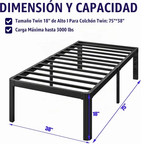Vista 3 de Hunlostten Base de cama individual resistente de 18 pulgadas, no necesita somier, plataforma de metal con esquinas redondas, fácil montaje, sin