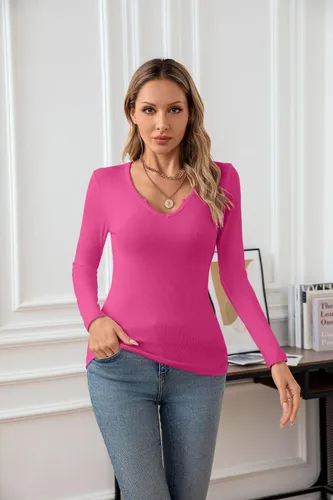 Vista 7 de VICHYIE Womens Tops V Neck Summer Short Sleeve Casual Slim Fitted Tshirt