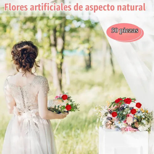Vista 5 de LOKIPA 50 rosas artificiales, 50 unidades de rosas rojas de espuma de aspecto real, rosas artificiales con tallos para decoración de ramos de boda