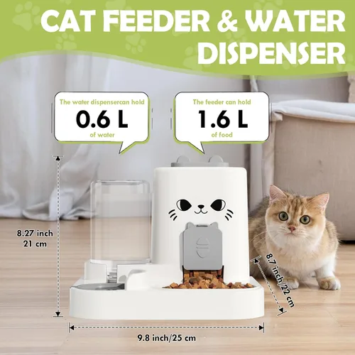 Vista 2 de Alimentador automático para mascotas de 1.6 L y dispensador de agua de 0.6 L, dispensador automático de alimentos y agua para gatos, alimentador por