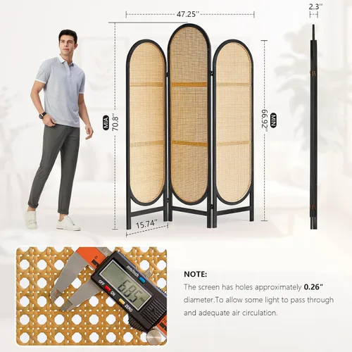 Vista 5 de Divisor de habitación de 3 paneles, divisor de habitación de ratán tejido a mano con marco de madera, pantalla de privacidad plegable de diseño