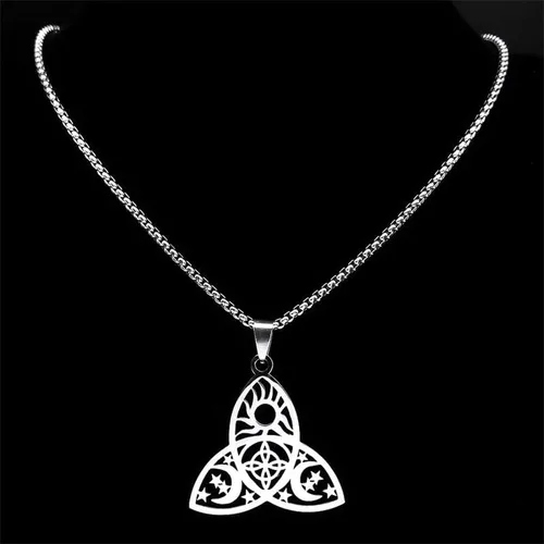 Vista 5 de Witch Triple Moon Goddess Pentagram Celtic Knot Necklace Stainless Steel Pagan Mysterious Jewelry Collar De Acero Inoxidable