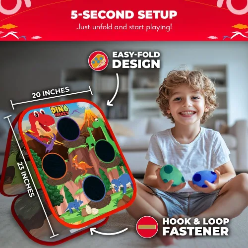 Vista 4 de SWOOC Games® - Dino Frenzy™ Juegos de Corn Hole 2 en 1 para niños Configuración en 5 segundos Juego de lanzamiento de bolsas de frijoles