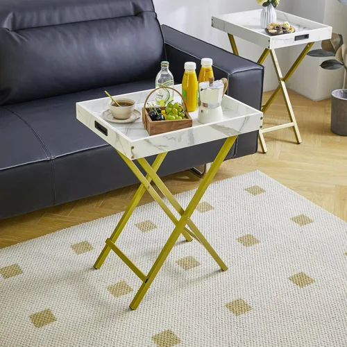 Vista 9 de IBUYKE Juego de 2 bandejas plegables para TV, mesa auxiliar con bandeja extraíble para servir alimentos, mesa portátil de madera para sala de estar
