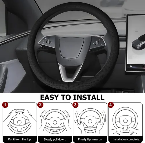 Vista 4 de Funda de cuero de microfibra para volante, 14.5-15 pulgadas, color negro Ajuste universal, fácil de instalar, diseño antideslizante, transpirable