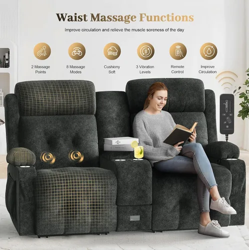 Vista 136 de Sofá de Dos Plazas Reclinable, Sofá Reclinable de Masaje con Gran Capacidad de Peso, Silla de Dos Plazas para RV en Liquidación con Consola, USB