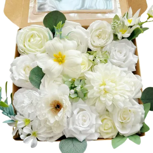 Vista 17 de Caja de flores artificiales azul marino, rosas de dalias de seda con tallos para manualidades, ramos de boda, centros de mesa, arreglos, decoración