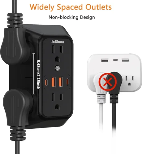 Vista 5 de Regleta de pared con cargador USB, protector contra sobretensiones con 4 puertos USB (2 USB C), extensión de enchufe, múltiples salidas, extensión