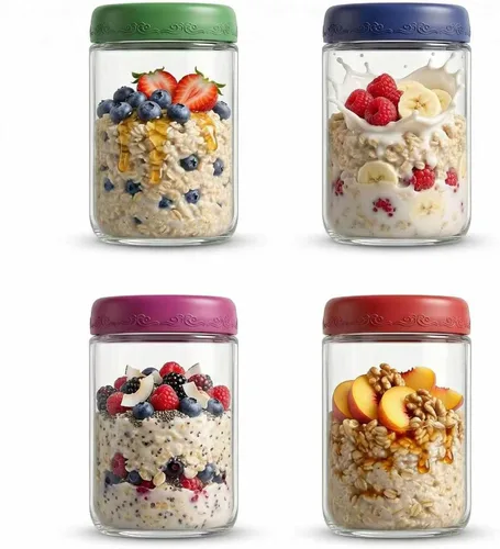 Vista 12 de Paquete de 4 de 10 OZ, Frascos para Avena Nocturna con Tapas, Recipientes de Vidrio para Preparación de Comidas, Frascos Mason Herméticos