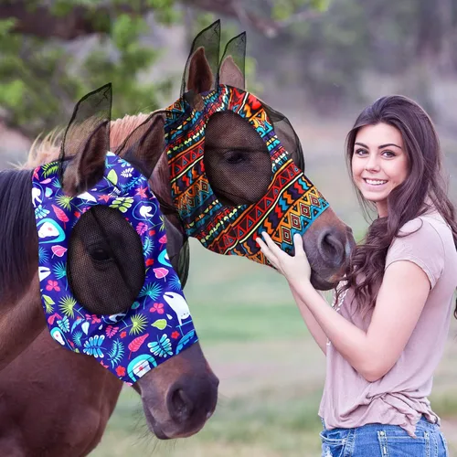 Vista 10 de Weewooday 2 máscaras de mosca de caballo para caballos, máscaras suaves para orejas, máscara suave y elástica con protección UV