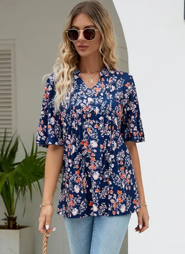 Vista 4 de HOCOSIT - Camiseta de manga corta con olanes y cuello en V con estampado de flores, plisada y abotonada, para mujer