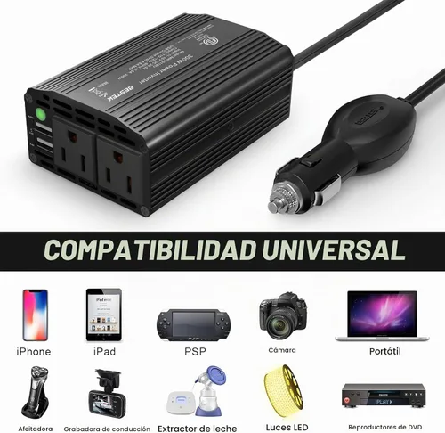 Vista 3 de BESTEK inversor de corriente de 300W de CC 12V a CA 110V, adaptador de carga para automóvil con carcasa de aluminio duradera y puerto de carga