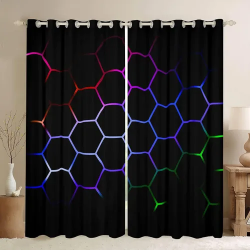 Vista 32 de Feelyou - Cortinas de ventana en forma de panal, tema geométrico hexagonal con luces de neón verdes, para chicos adolescentes y hombres, elegante
