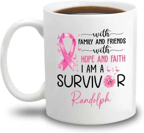 Vista 22 de Taza de café de concientización sobre el cáncer de mama con nombre personalizado, taza de café de 11 onzas, taza de té de cerámica blanca