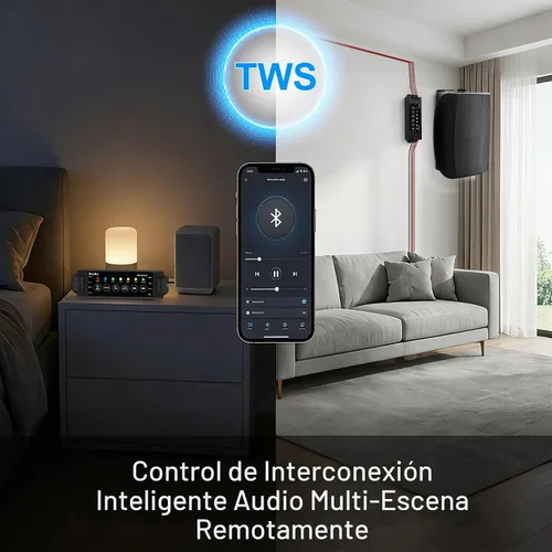 Vista 4 de Herdio Amplificador Bluetooth de 4 canales, adaptador 19V3A para aplicación y control remoto con memoria de apagado, Bluetooth 5.0/USB/MIC/AUX/TWS