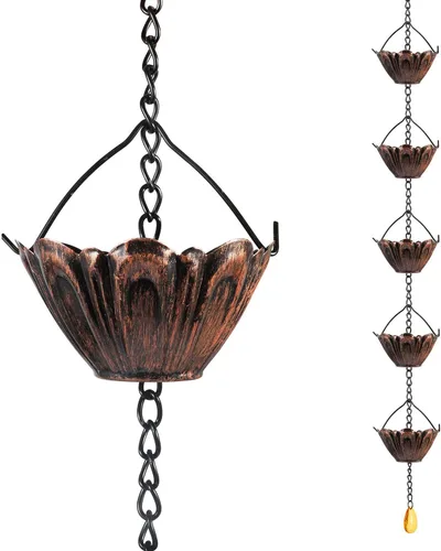 Vista 6 de Vindar Cadena de lluvia, cadena de lluvia de 8.5 pies para canalones, MG4591 (color bronce rojo) colector de lluvia para bajante con adaptador, 10