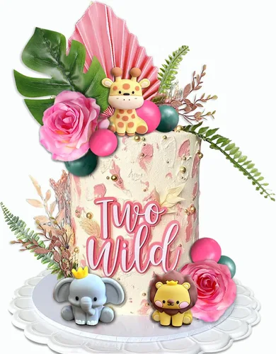 Vista 2 de 22 adornos de animales de selva de safari para tartas, bolas de flores, decoración de tartas con hojas de palmeras bohemias, juguetes de animales