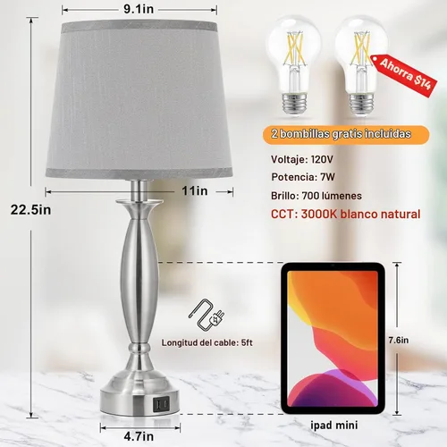Vista 6 de Seealle Lámparas para dormitorios, lámpara de noche con control táctil con USB C+A, lámparas de mesita de noche regulables de 3 vías con puerto USB