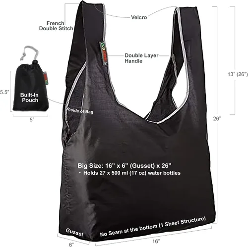 Vista 2 de Paquete de 3 bolsas plegables de nailon Ripstop súper fuertes y reutilizables con bolsa incorporada