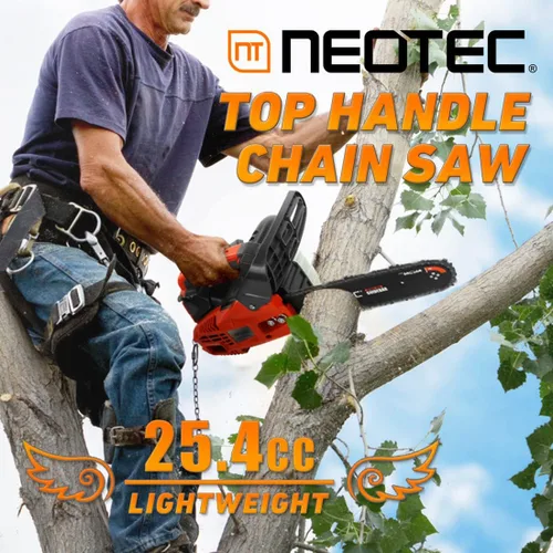 Vista 3 de NEO-TEC Motosierra de gas con mango superior de 12 pulgadas, 25.4 cc, 2 tiempos, portátil, pequeña, motosierra de gasolina, para trepar árboles